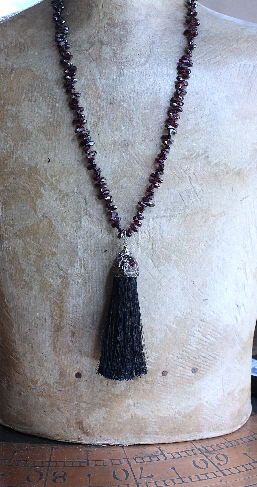 Courage and Hope Necklace with Hundreds of AAA Faceted Almandine Tear Drops, Unique Black Silk Tassel