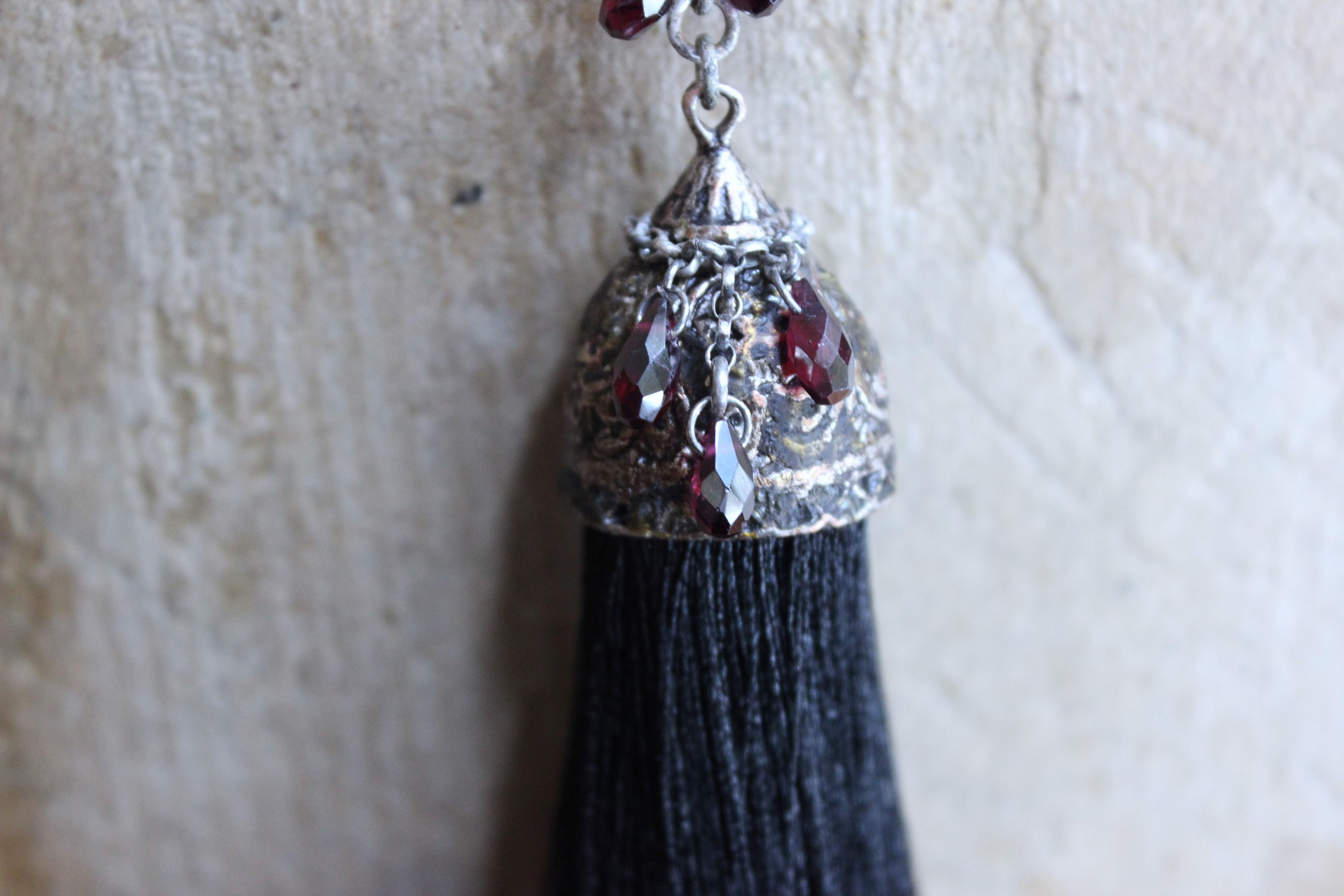 Courage and Hope Necklace with Hundreds of AAA Faceted Almandine Tear Drops, Unique Black Silk Tassel