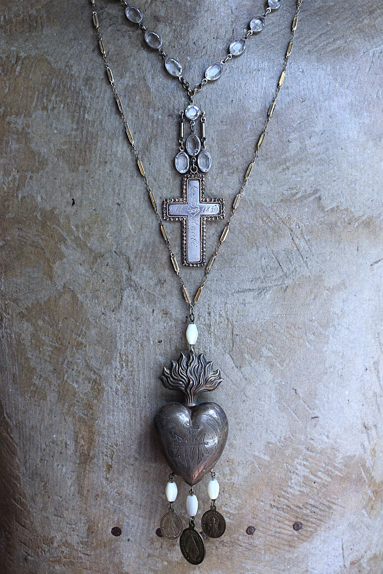 Antique French Sterling & Gold Engraved Flaming Sacred Heart Nun's Cross Necklace with Faceted Oval Bezel Set Crystals and Antique Link Chain