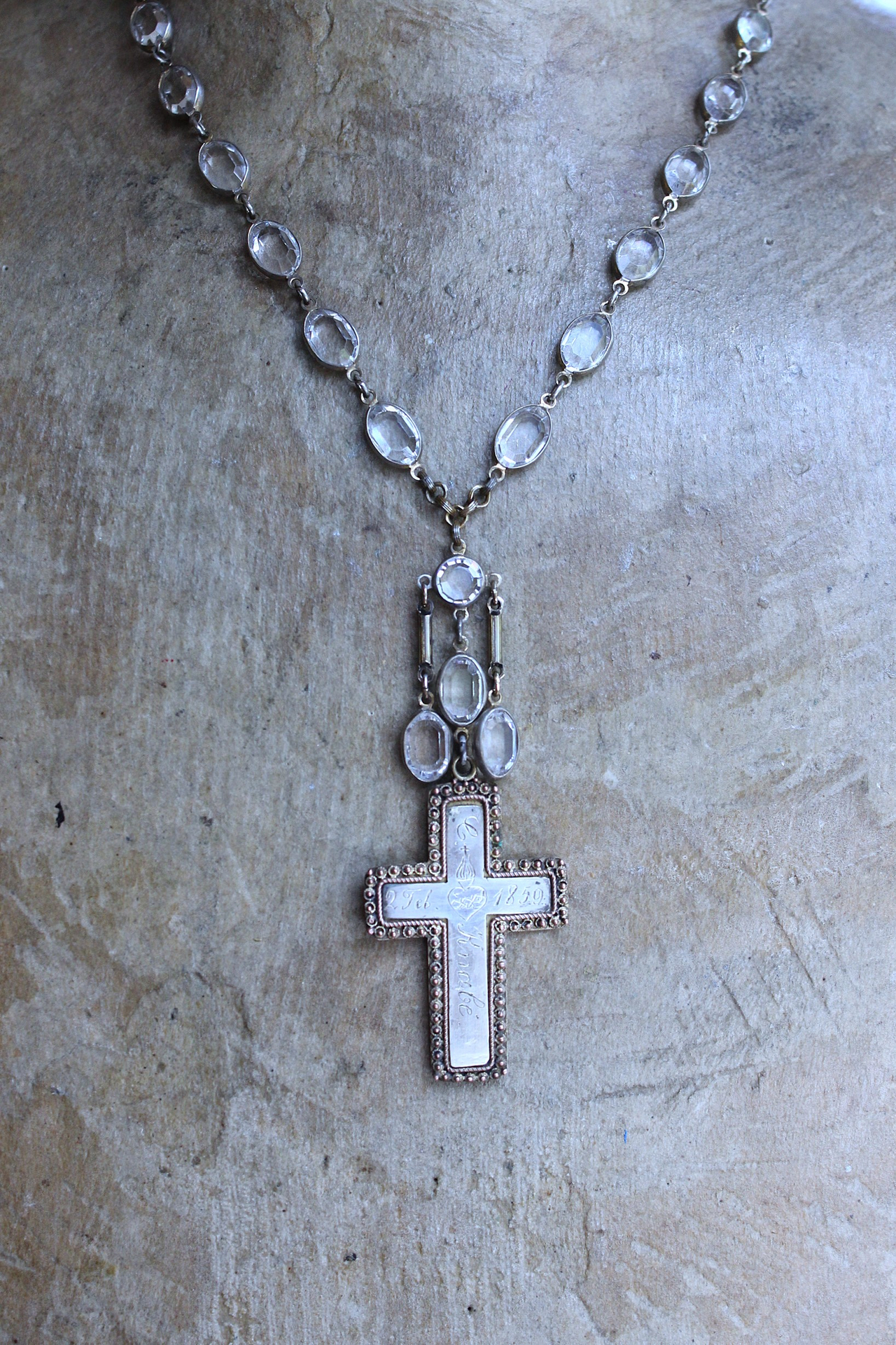 Antique French Sterling & Gold Engraved Flaming Sacred Heart Nun's Cross Necklace with Faceted Oval Bezel Set Crystals and Antique Link Chain