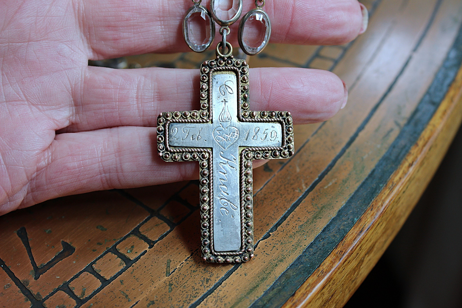 Antique French Sterling & Gold Engraved Flaming Sacred Heart Nun's Cross Necklace with Faceted Oval Bezel Set Crystals and Antique Link Chain