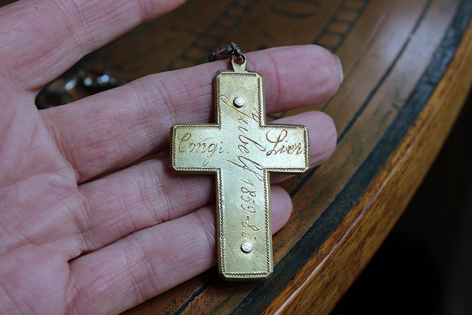 Antique French Sterling & Gold Engraved Flaming Sacred Heart Nun's Cross Necklace with Faceted Oval Bezel Set Crystals and Antique Link Chain