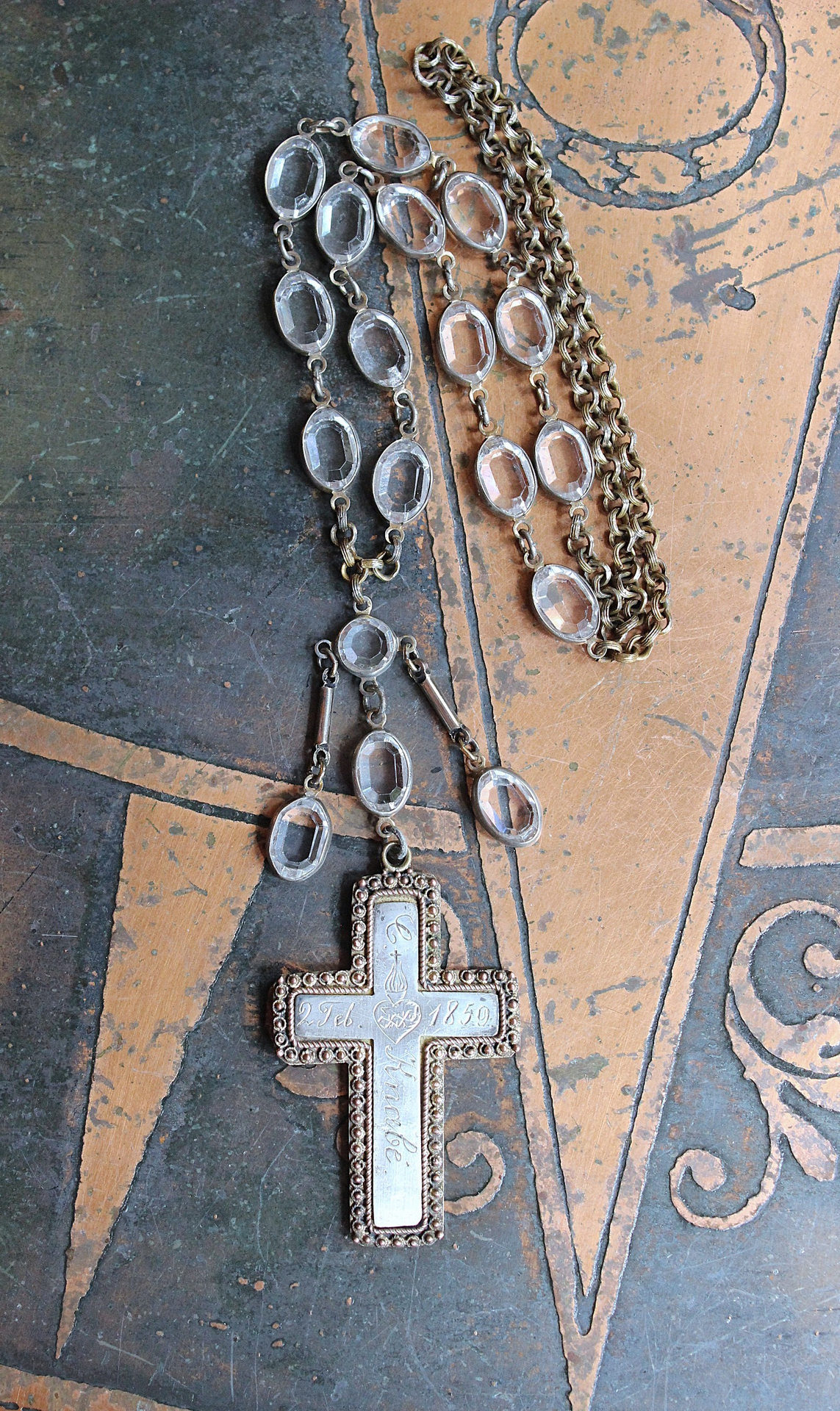 Antique French Sterling & Gold Engraved Flaming Sacred Heart Nun's Cross Necklace with Faceted Oval Bezel Set Crystals and Antique Link Chain