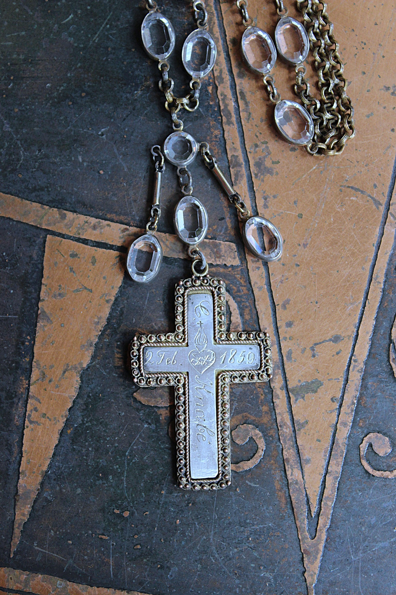 Antique French Sterling & Gold Engraved Flaming Sacred Heart Nun's Cross Necklace with Faceted Oval Bezel Set Crystals and Antique Link Chain