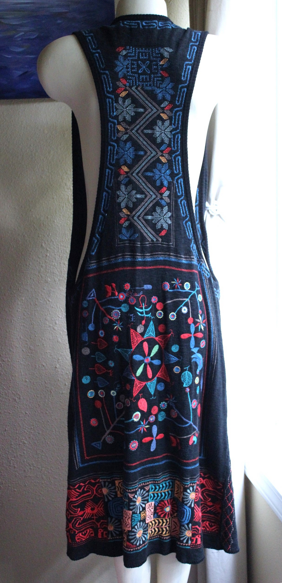 NEW! Vintage Biya by Johnny Was Long Embroidered Open Front Vest with Front Pockets