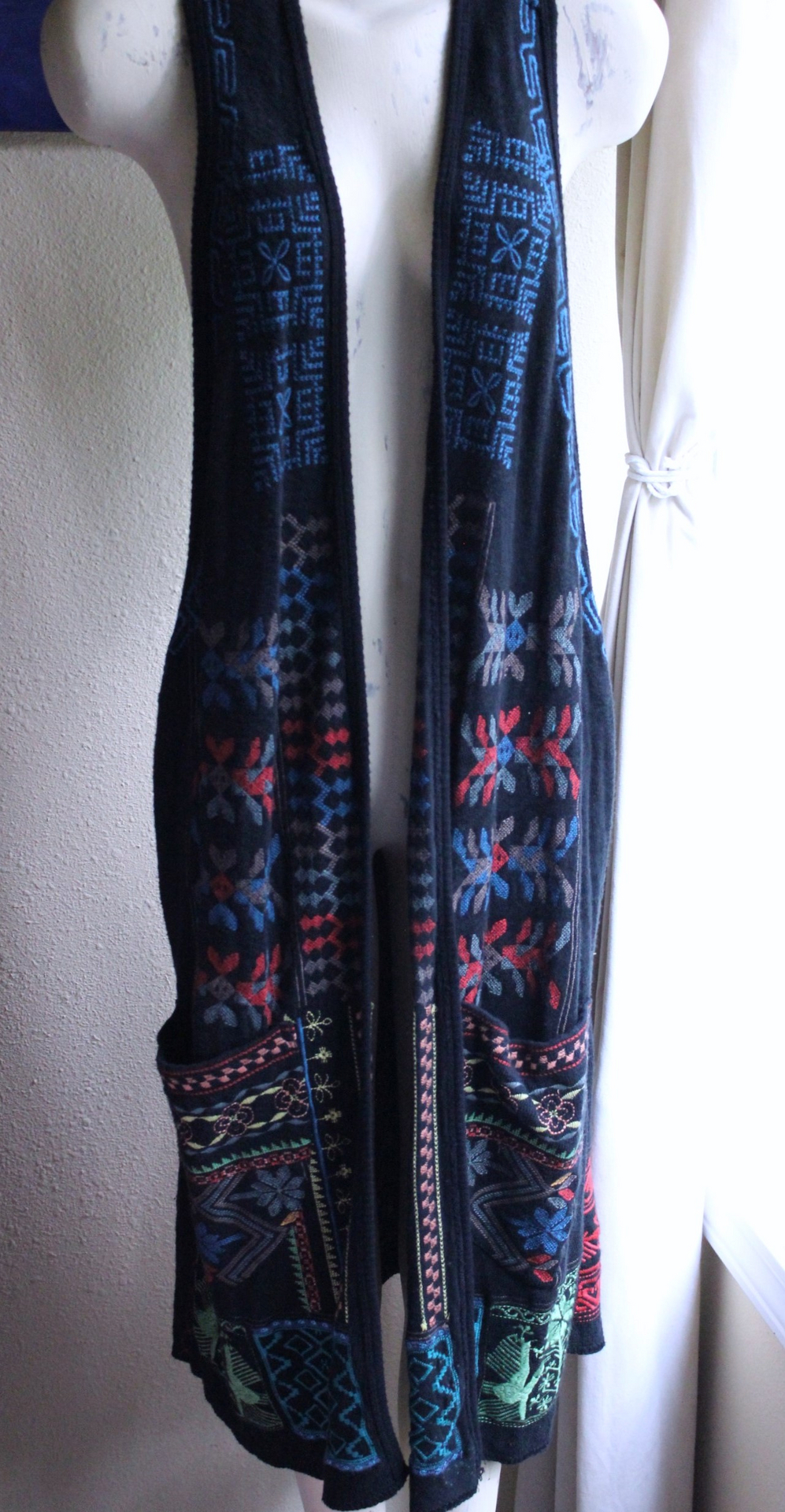 NEW! Vintage Biya by Johnny Was Long Embroidered Open Front Vest with Front Pockets