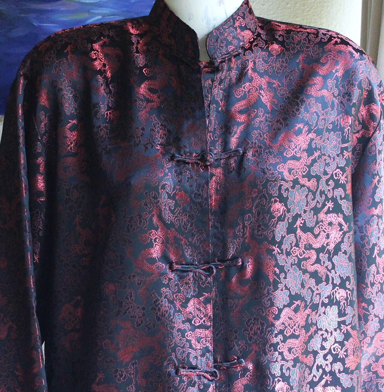 NWOT Authentic Traditional Vietnamese Red and Black Dragon Brocade and Frog Closure Jacket 