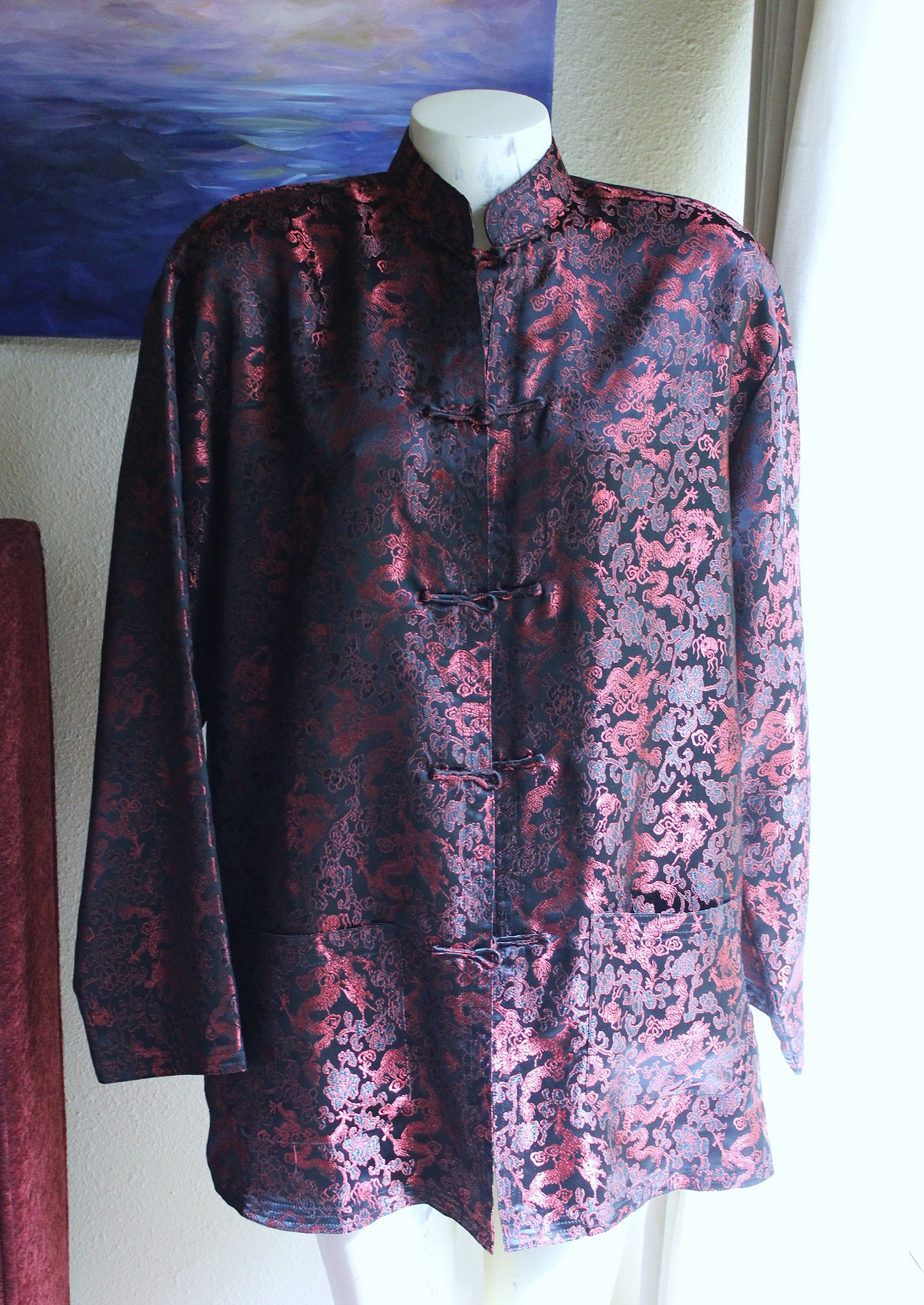 NWOT Authentic Traditional Vietnamese Red and Black Dragon Brocade and Frog Closure Jacket 