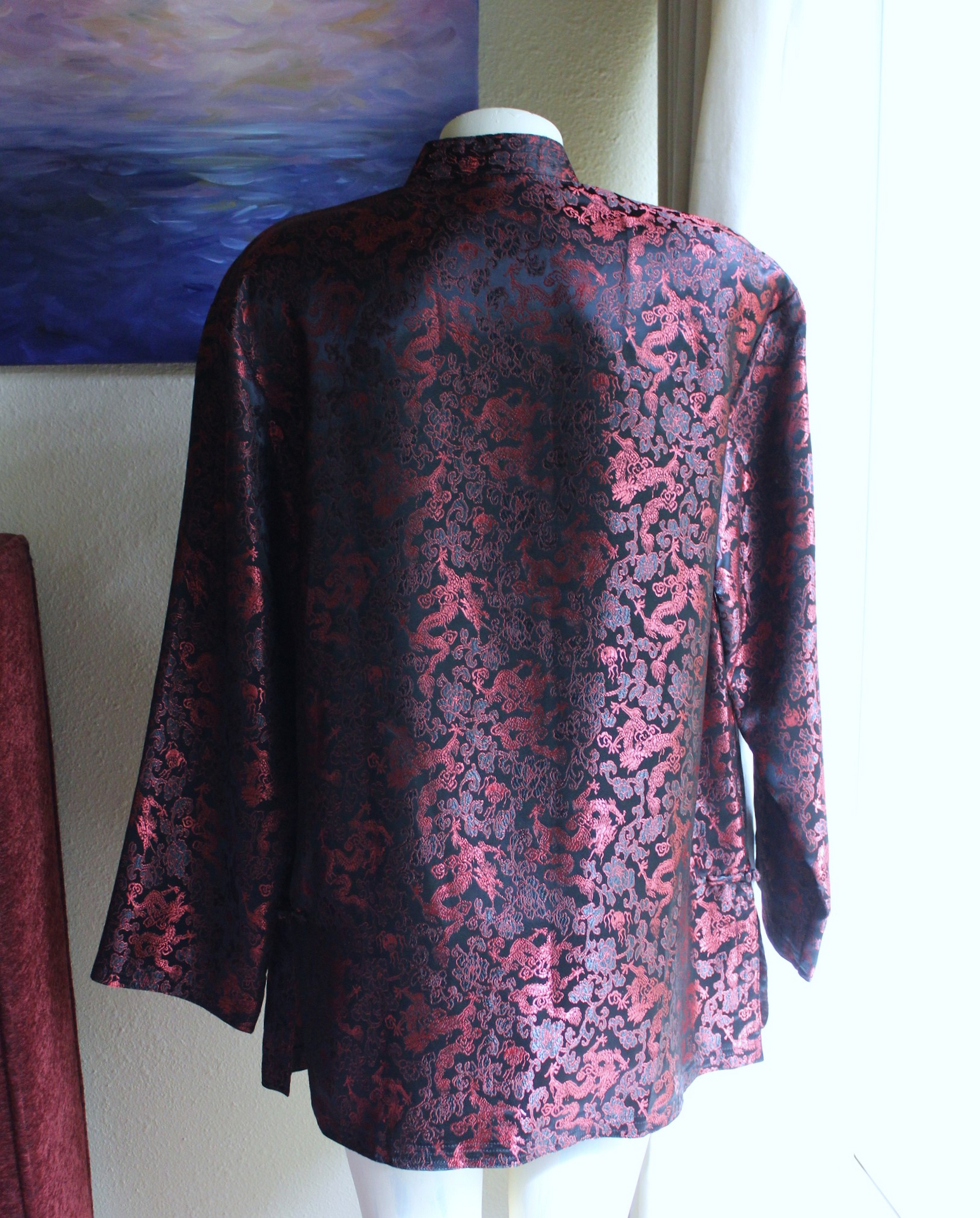 NWOT Authentic Traditional Vietnamese Red and Black Dragon Brocade and Frog Closure Jacket 