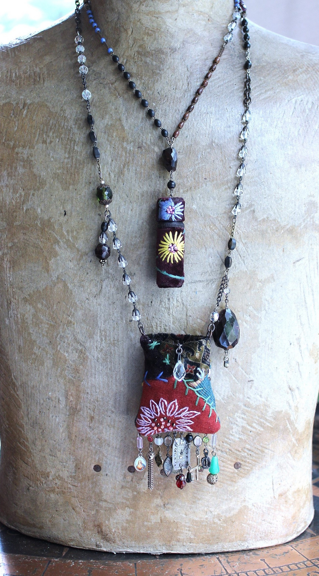 The Past Necklace Set with Antique Crazy Quilt Textile Pouch & Needle Holder, Antique Rosary Fragments,Faceted Garnet & More!