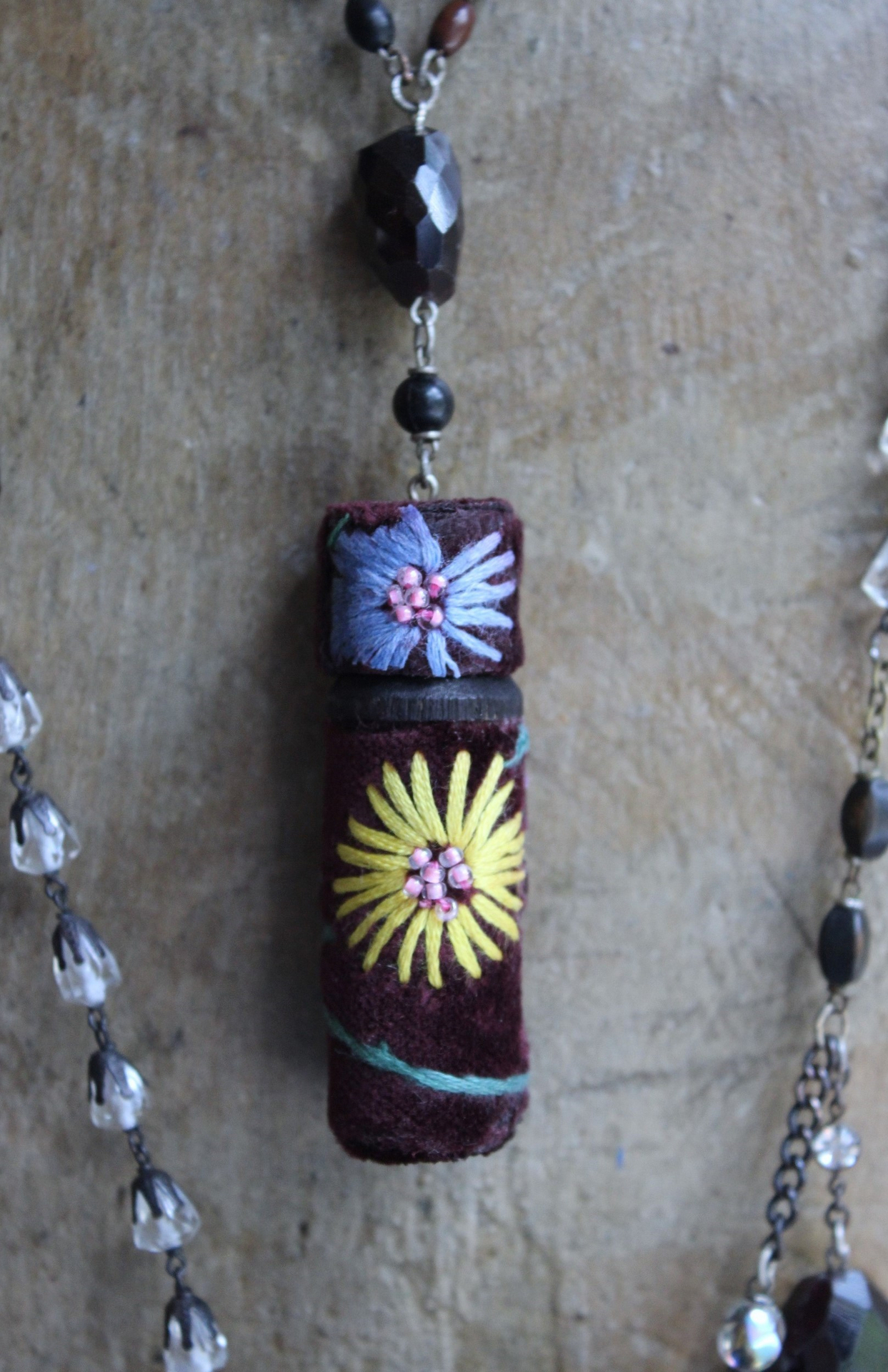 The Past Necklace Set with Antique Crazy Quilt Textile Pouch & Needle Holder, Antique Rosary Fragments,Faceted Garnet & More!