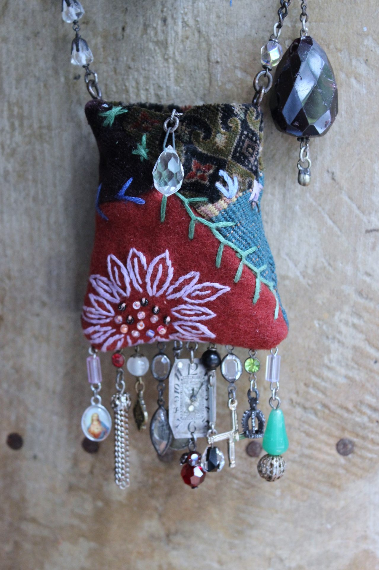 The Past Necklace Set with Antique Crazy Quilt Textile Pouch & Needle Holder, Antique Rosary Fragments,Faceted Garnet & More!