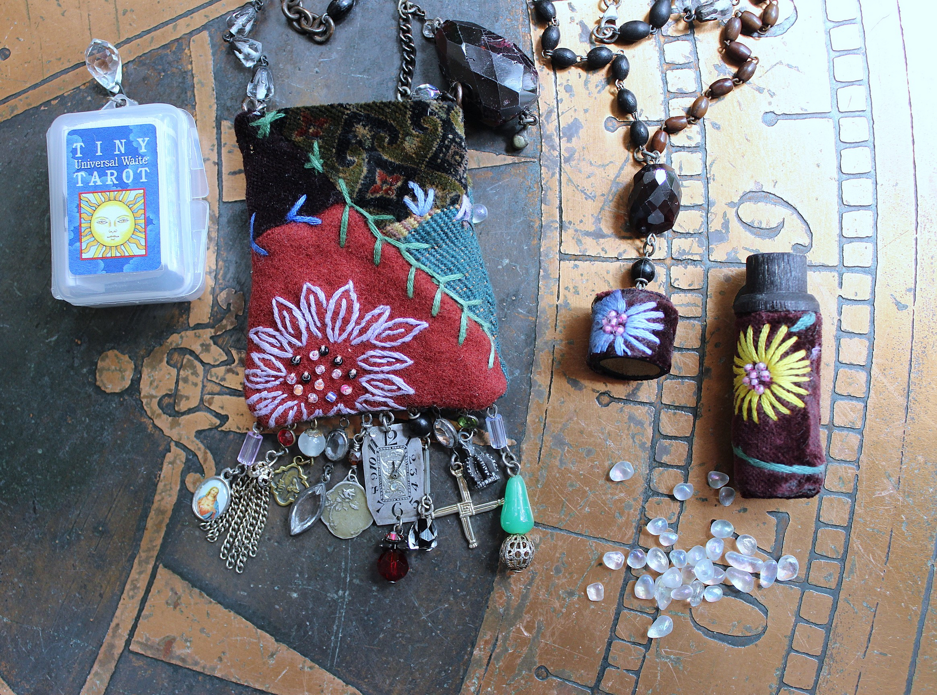 The Past Necklace Set with Antique Crazy Quilt Textile Pouch & Needle Holder, Antique Rosary Fragments,Faceted Garnet & More!