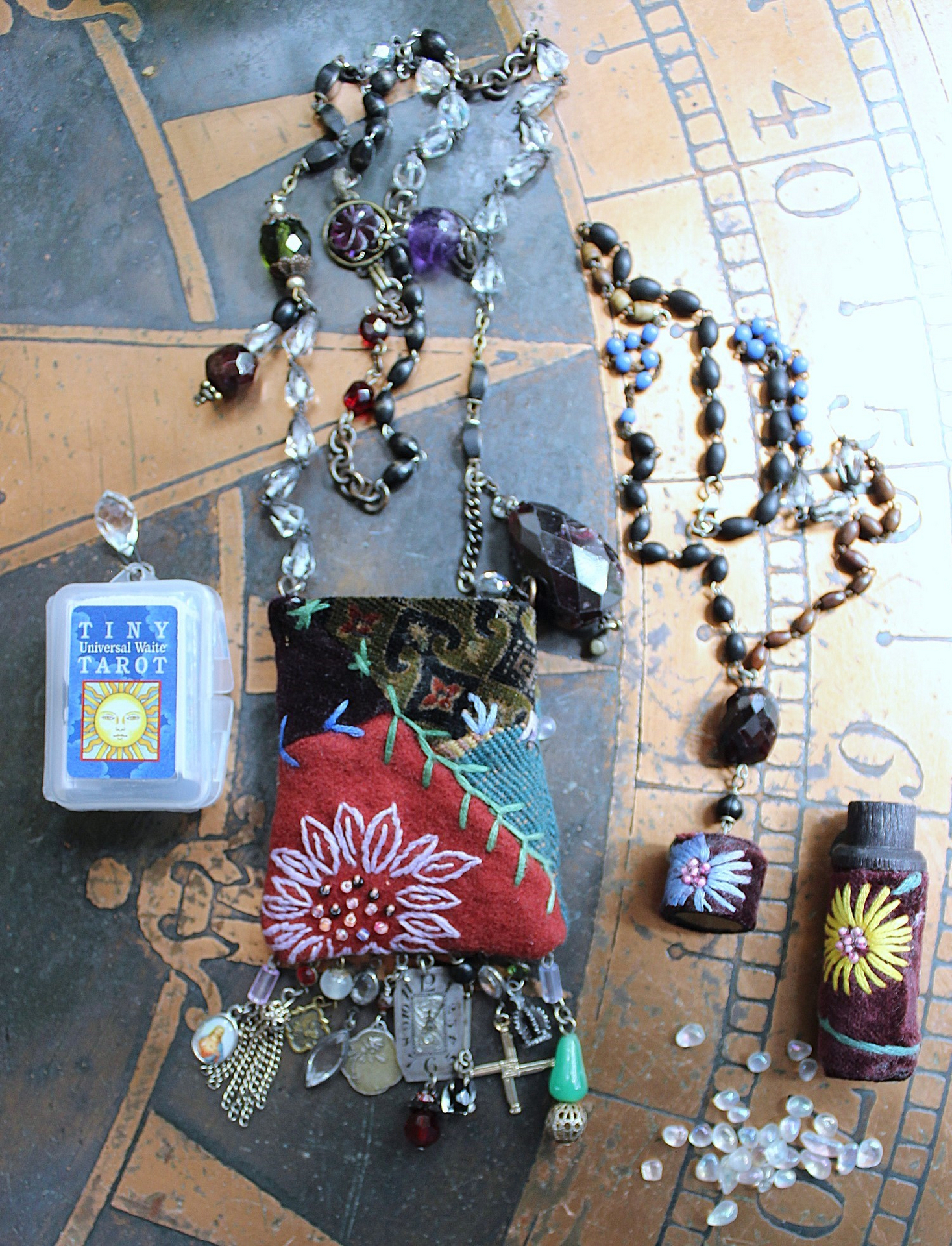 The Past Necklace Set with Antique Crazy Quilt Textile Pouch & Needle Holder, Antique Rosary Fragments,Faceted Garnet & More!