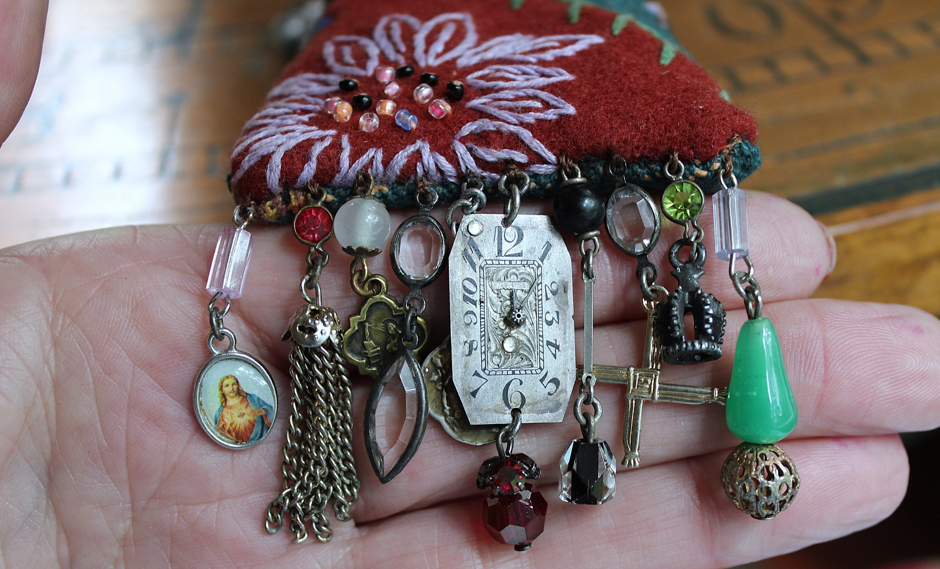 The Past Necklace Set with Antique Crazy Quilt Textile Pouch & Needle Holder, Antique Rosary Fragments,Faceted Garnet & More!