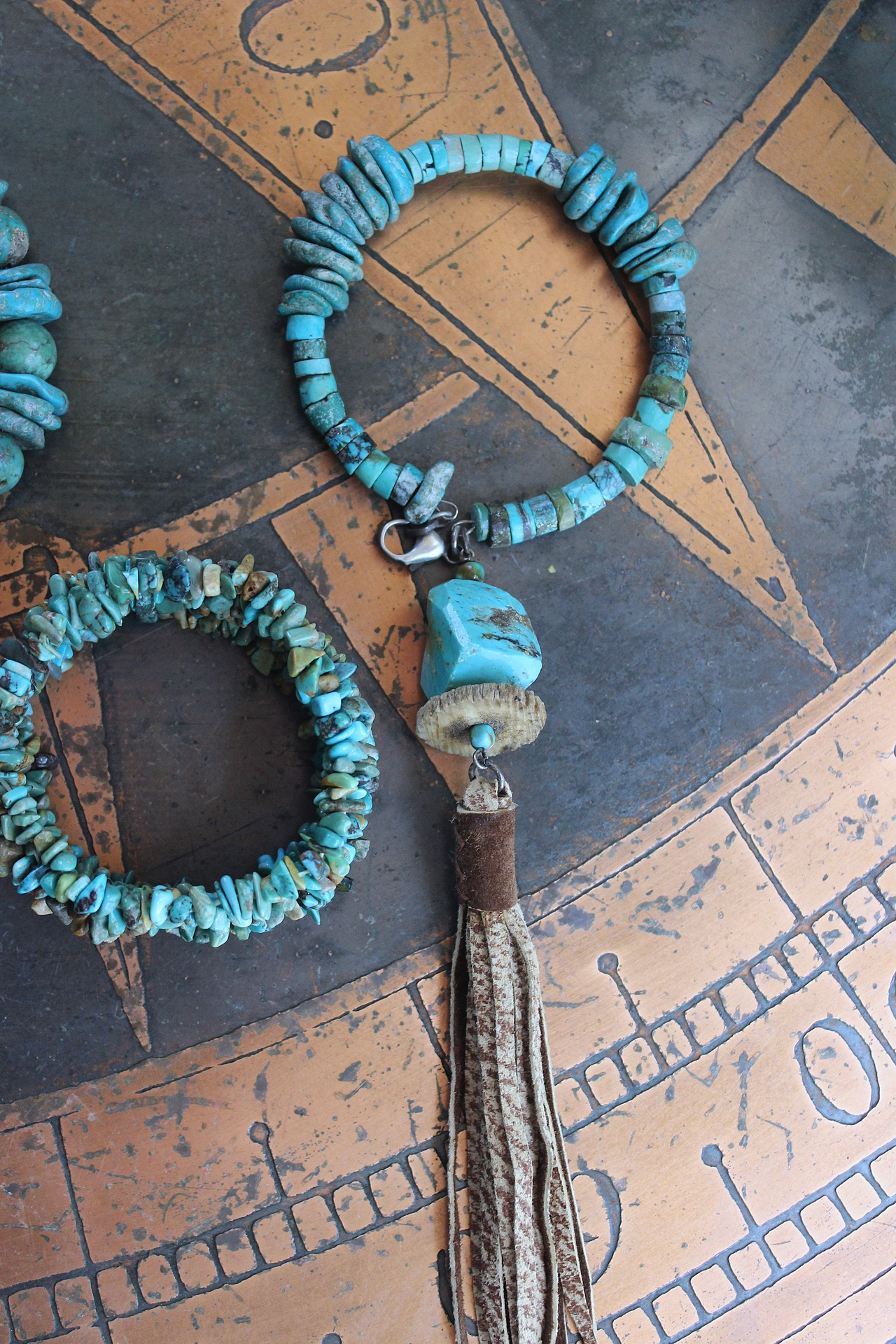 Set of Three Turquoise Stacking Bracelets with Faceted Clear Rock Quartz Drops, Unique Faceted Turquoise Stone, Leather Tassel