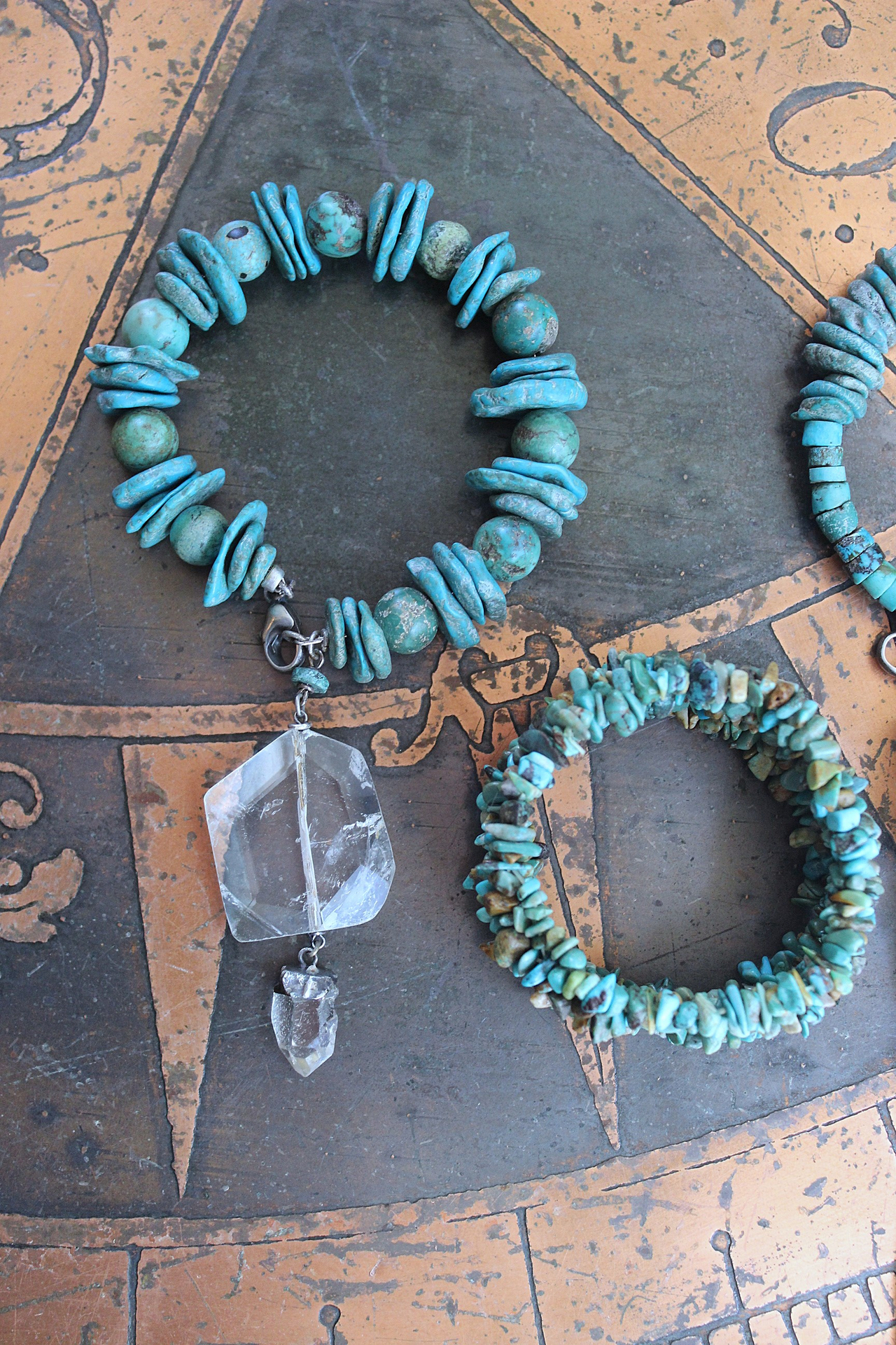 Set of Three Turquoise Stacking Bracelets with Faceted Clear Rock Quartz Drops, Unique Faceted Turquoise Stone, Leather Tassel