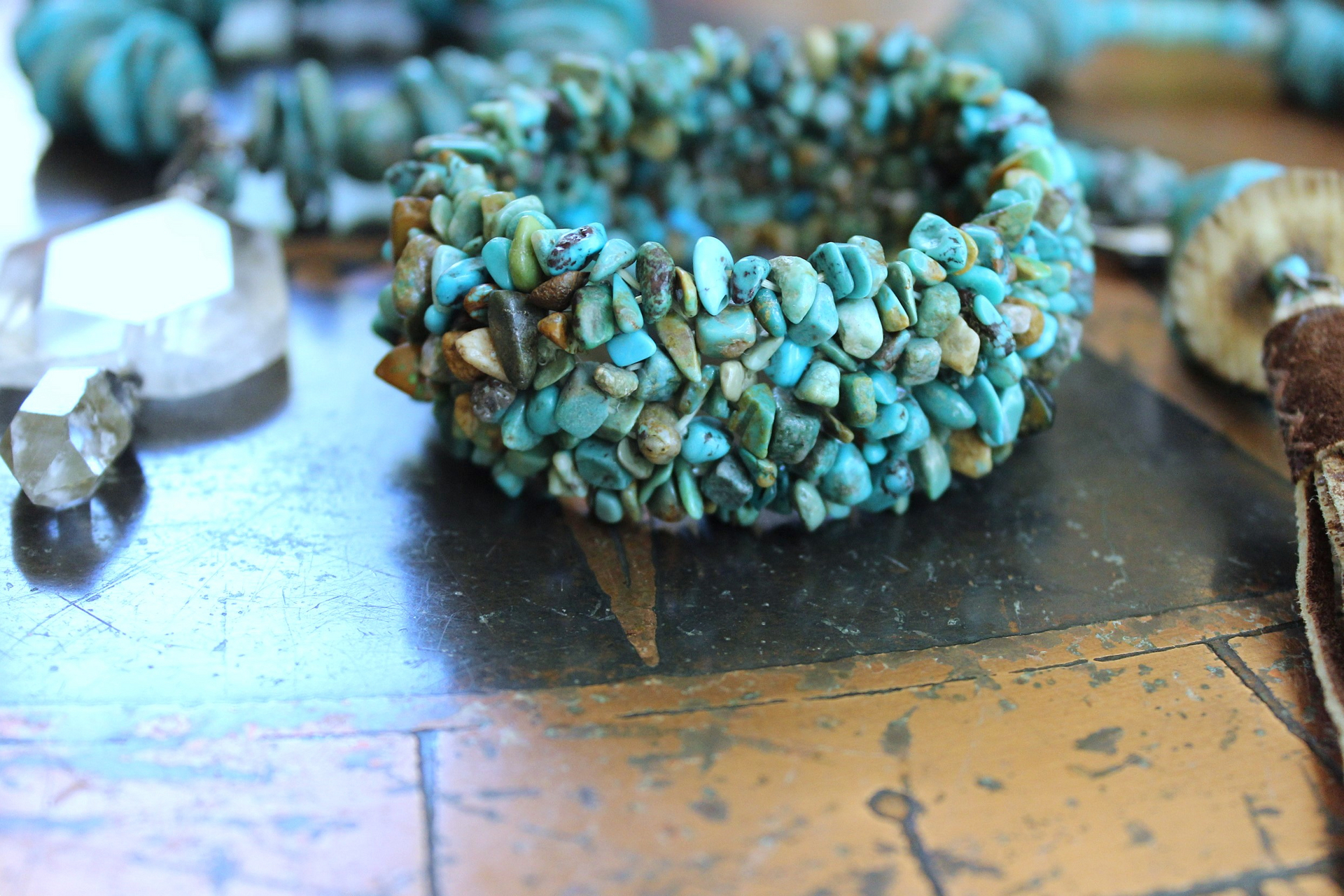 Set of Three Turquoise Stacking Bracelets with Faceted Clear Rock Quartz Drops, Unique Faceted Turquoise Stone, Leather Tassel