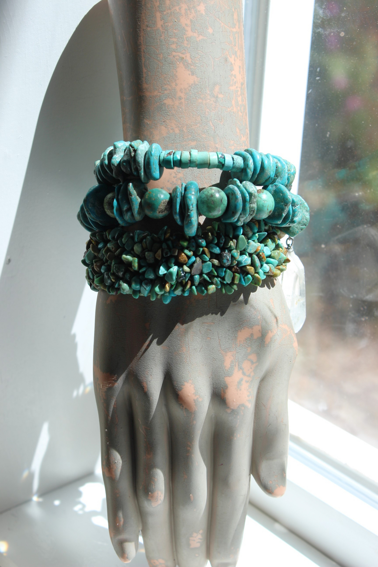 Set of Three Turquoise Stacking Bracelets with Faceted Clear Rock Quartz Drops, Unique Faceted Turquoise Stone, Leather Tassel