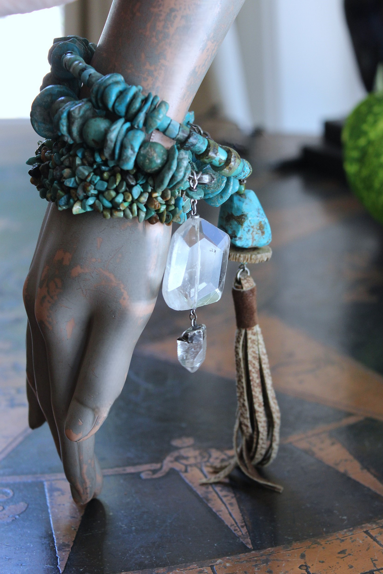 Set of Three Turquoise Stacking Bracelets with Faceted Clear Rock Quartz Drops, Unique Faceted Turquoise Stone, Leather Tassel