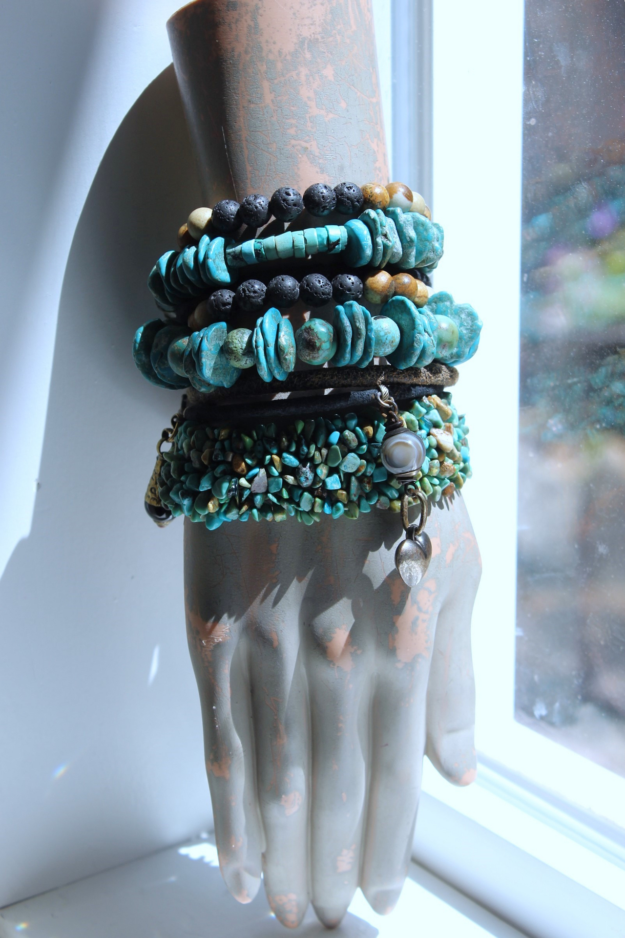 Set of Three Turquoise Stacking Bracelets with Faceted Clear Rock Quartz Drops, Unique Faceted Turquoise Stone, Leather Tassel