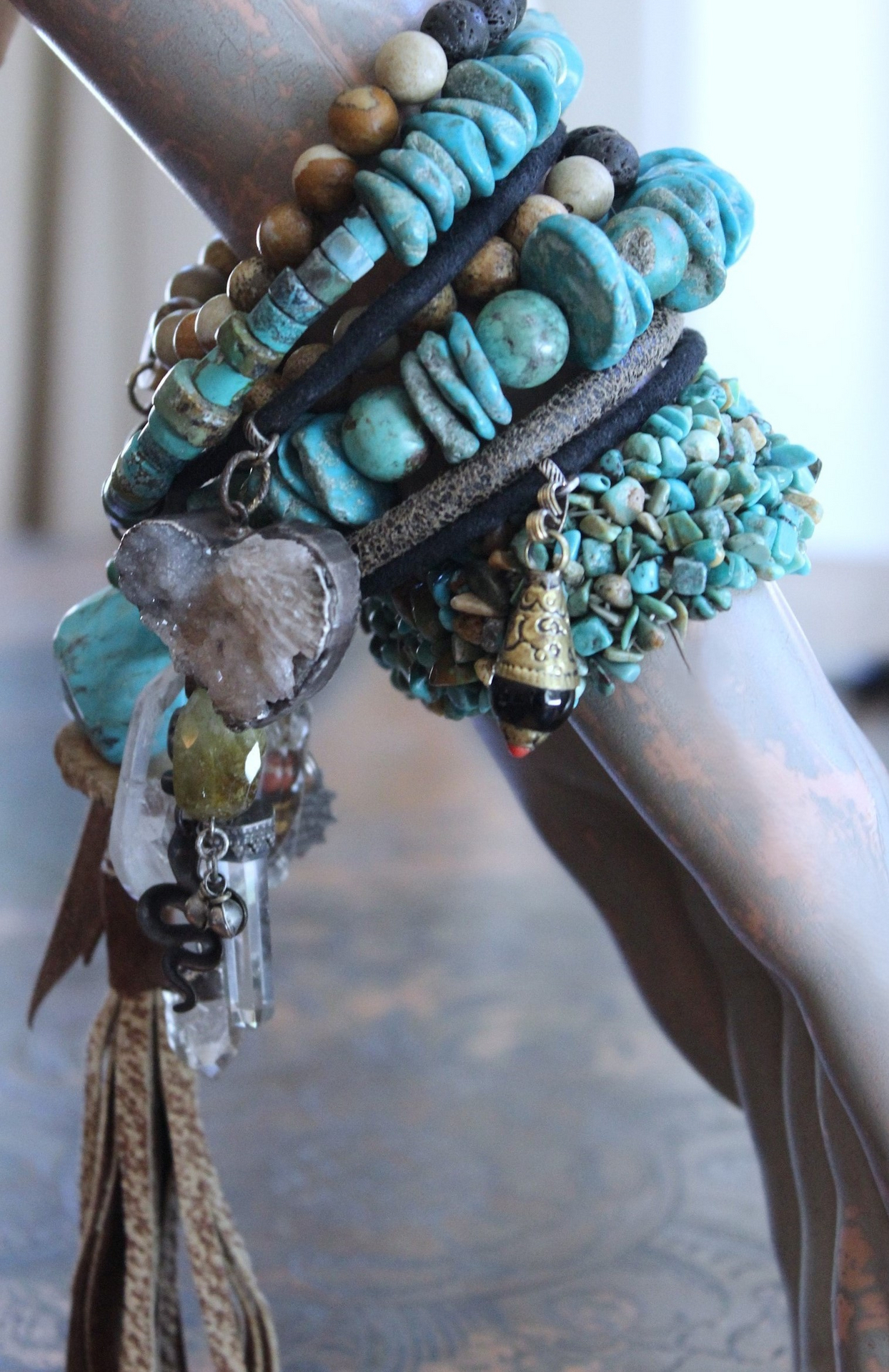 Set of Three Turquoise Stacking Bracelets with Faceted Clear Rock Quartz Drops, Unique Faceted Turquoise Stone, Leather Tassel