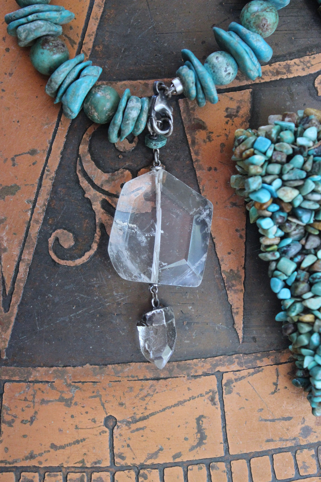 Set of Three Turquoise Stacking Bracelets with Faceted Clear Rock Quartz Drops, Unique Faceted Turquoise Stone, Leather Tassel