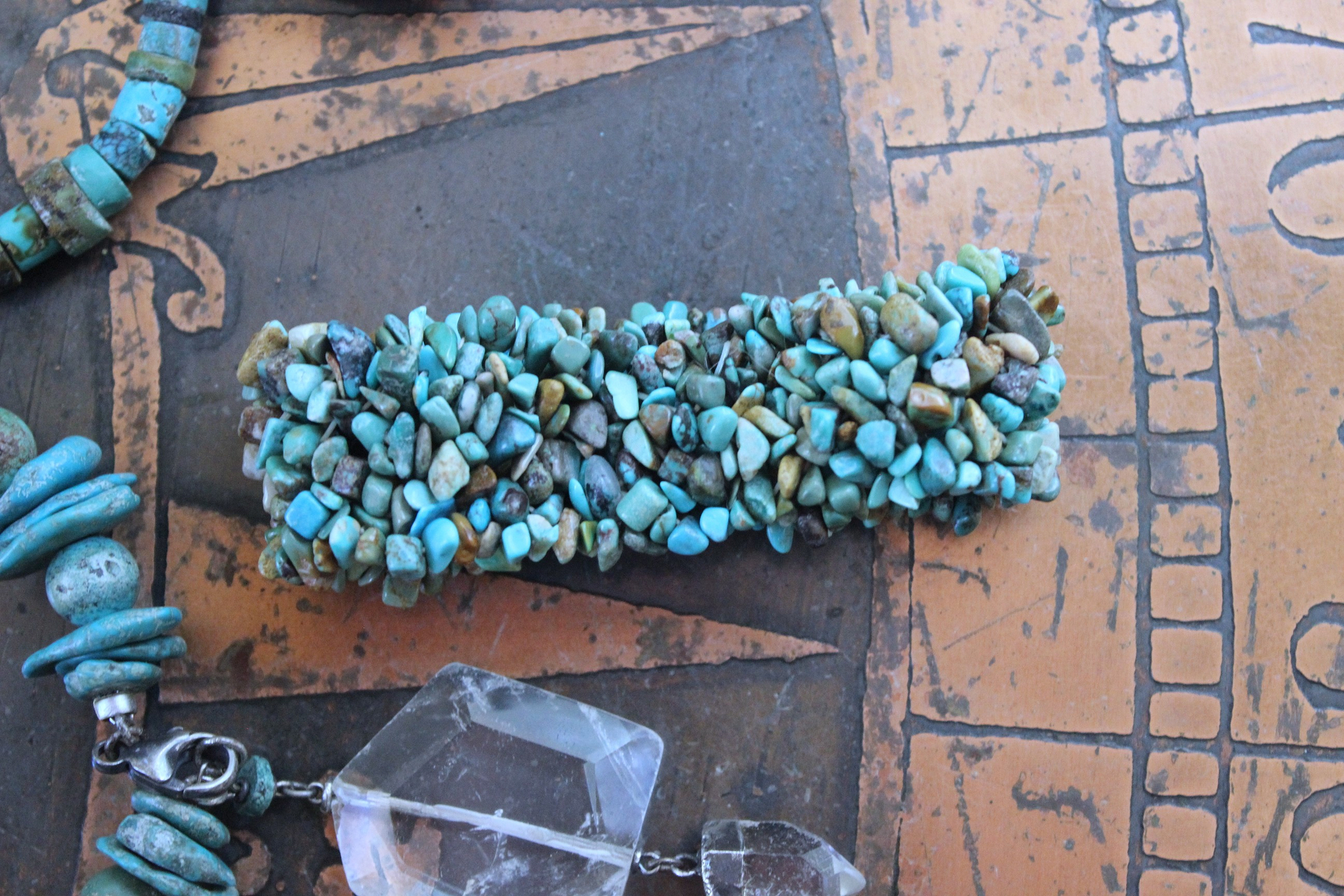 Set of Three Turquoise Stacking Bracelets with Faceted Clear Rock Quartz Drops, Unique Faceted Turquoise Stone, Leather Tassel