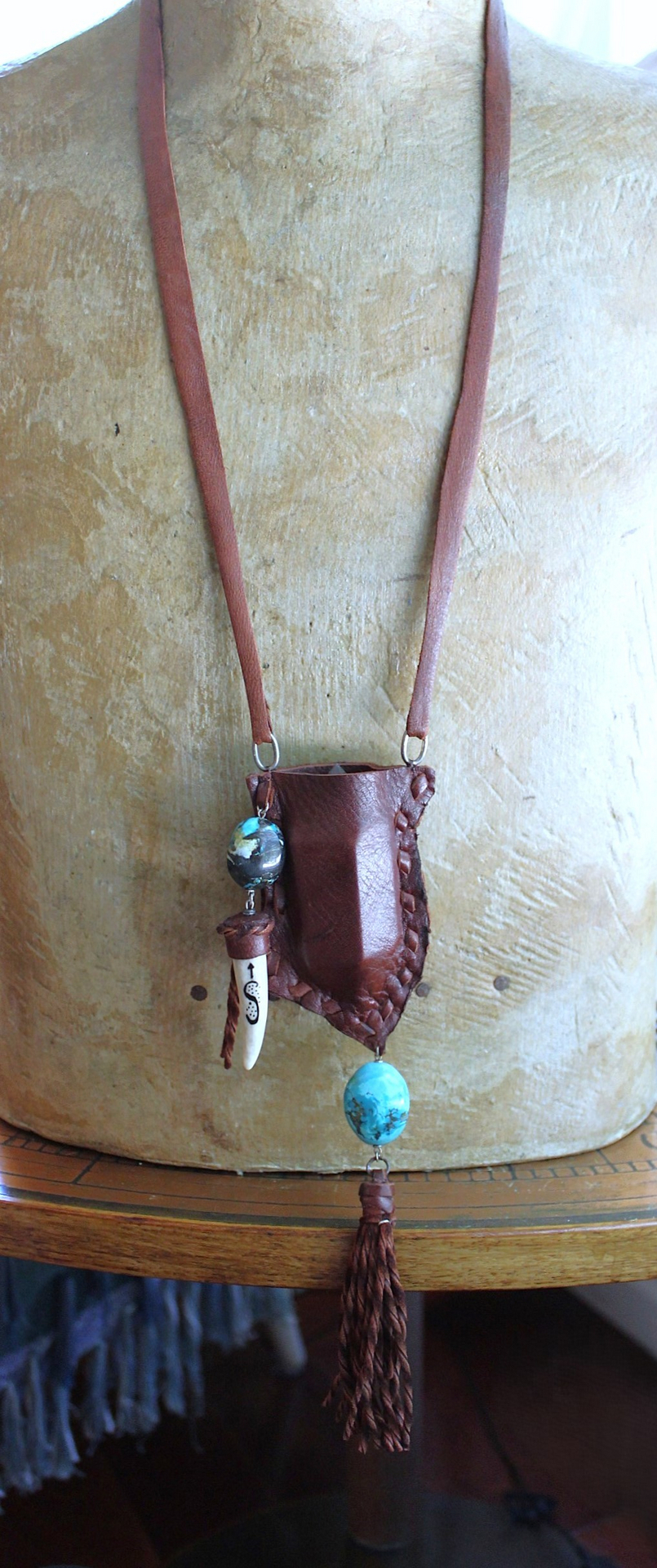 A Cage Necklace with Custom Leather Pouch, OOAK Double Terminated Clear Rock Quartz,Bisbee Turquoise and Leather Capped Elk Antler Tip