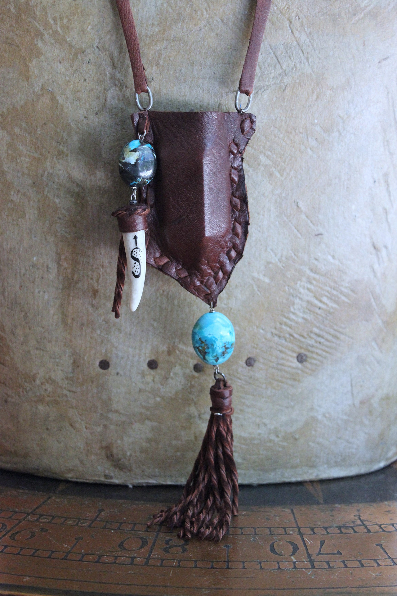 A Cage Necklace with Custom Leather Pouch, OOAK Double Terminated Clear Rock Quartz,Bisbee Turquoise and Leather Capped Elk Antler Tip