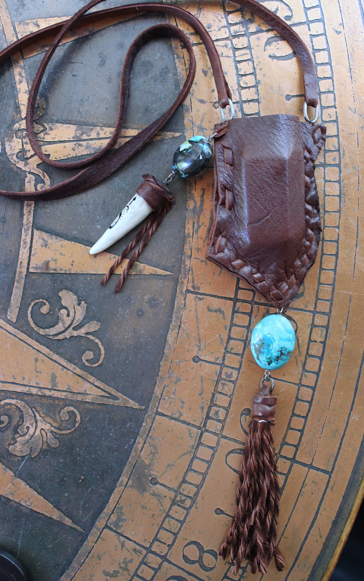 A Cage Necklace with Custom Leather Pouch, OOAK Double Terminated Clear Rock Quartz,Bisbee Turquoise and Leather Capped Elk Antler Tip