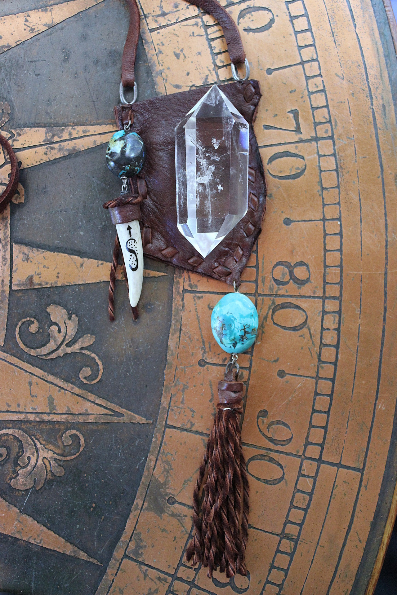 A Cage Necklace with Custom Leather Pouch, OOAK Double Terminated Clear Rock Quartz,Bisbee Turquoise and Leather Capped Elk Antler Tip