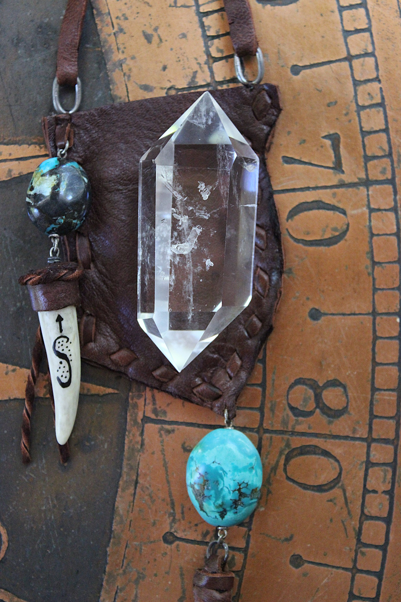 A Cage Necklace with Custom Leather Pouch, OOAK Double Terminated Clear Rock Quartz,Bisbee Turquoise and Leather Capped Elk Antler Tip