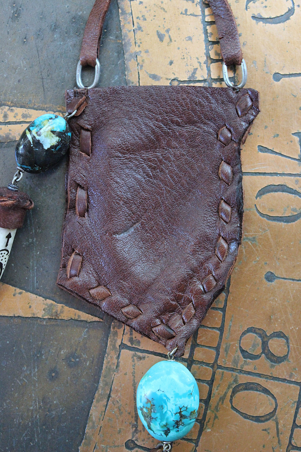 A Cage Necklace with Custom Leather Pouch, OOAK Double Terminated Clear Rock Quartz,Bisbee Turquoise and Leather Capped Elk Antler Tip