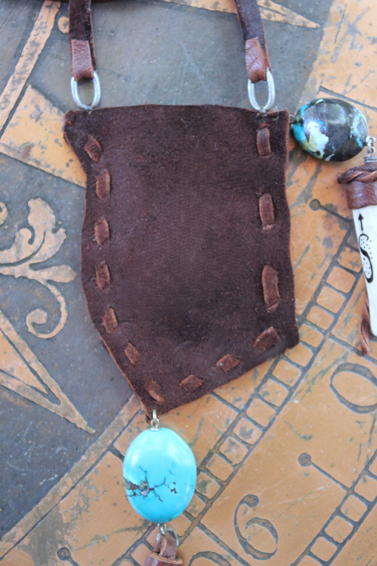 A Cage Necklace with Custom Leather Pouch, OOAK Double Terminated Clear Rock Quartz,Bisbee Turquoise and Leather Capped Elk Antler Tip