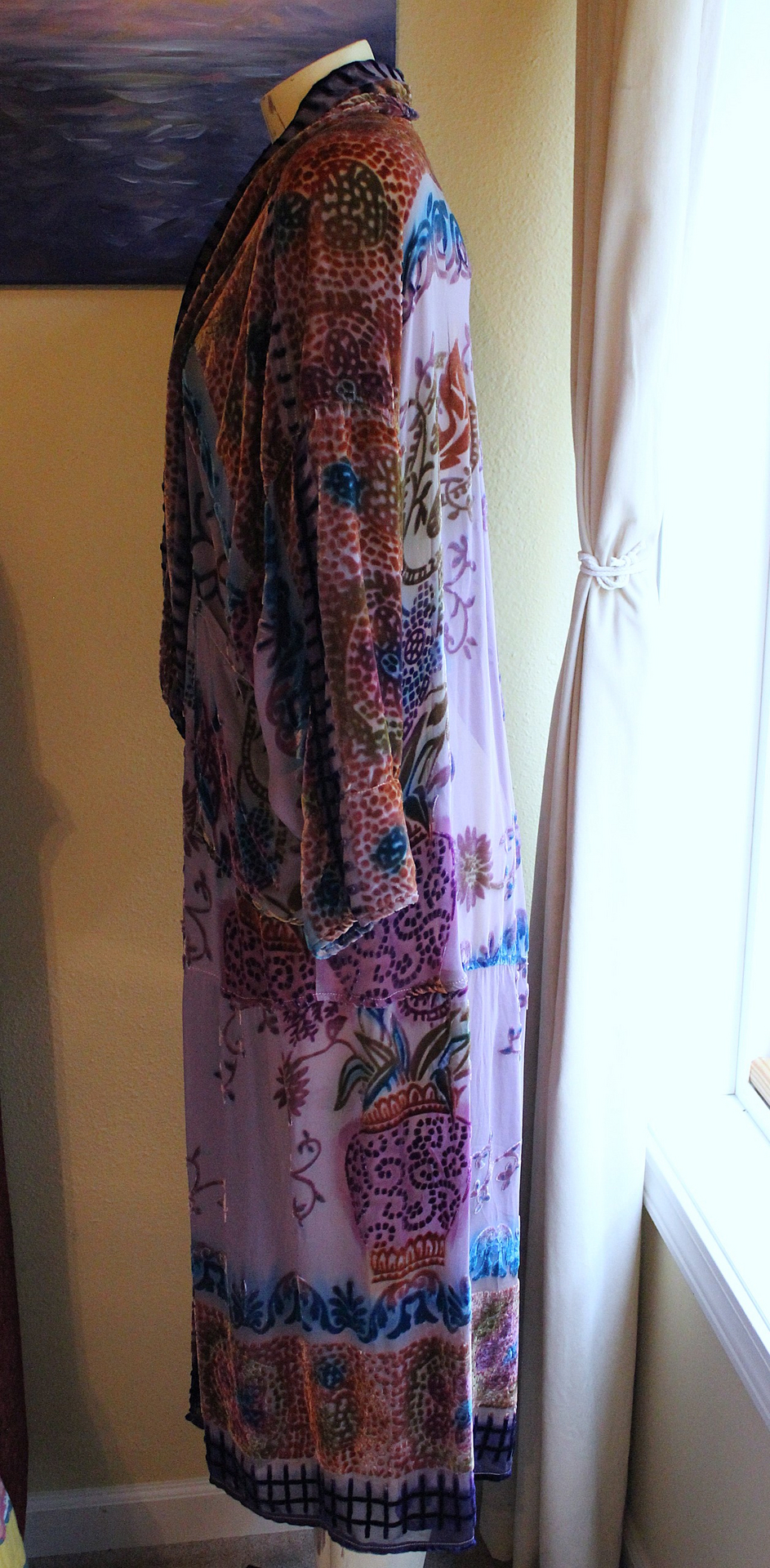 NEW! RARE Vintage Hand Dyed Silk Velvet URU Duster with Shawl Collar, Patch Pockets