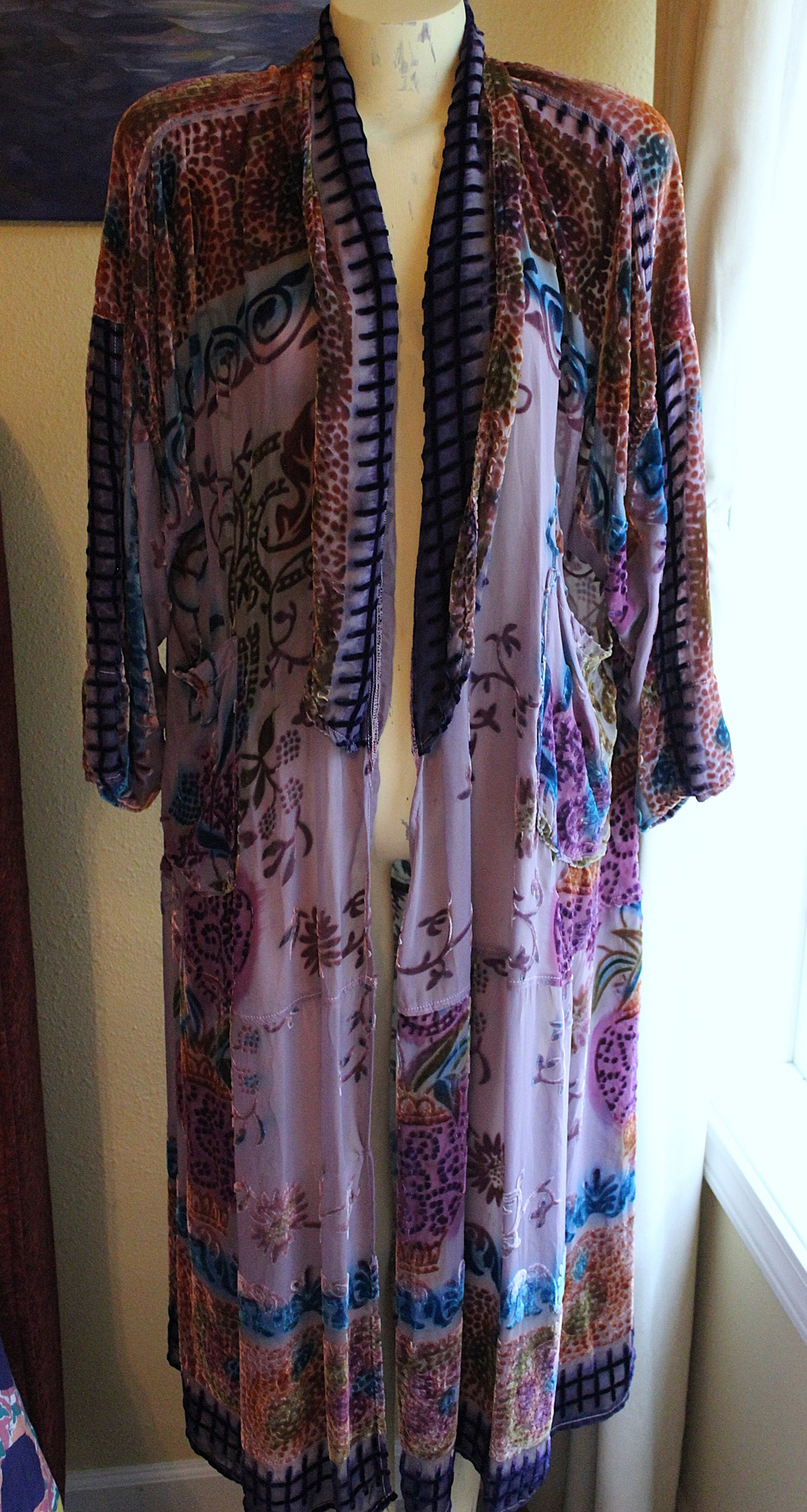 NEW! RARE Vintage Hand Dyed Silk Velvet URU Duster with Shawl Collar, Patch Pockets