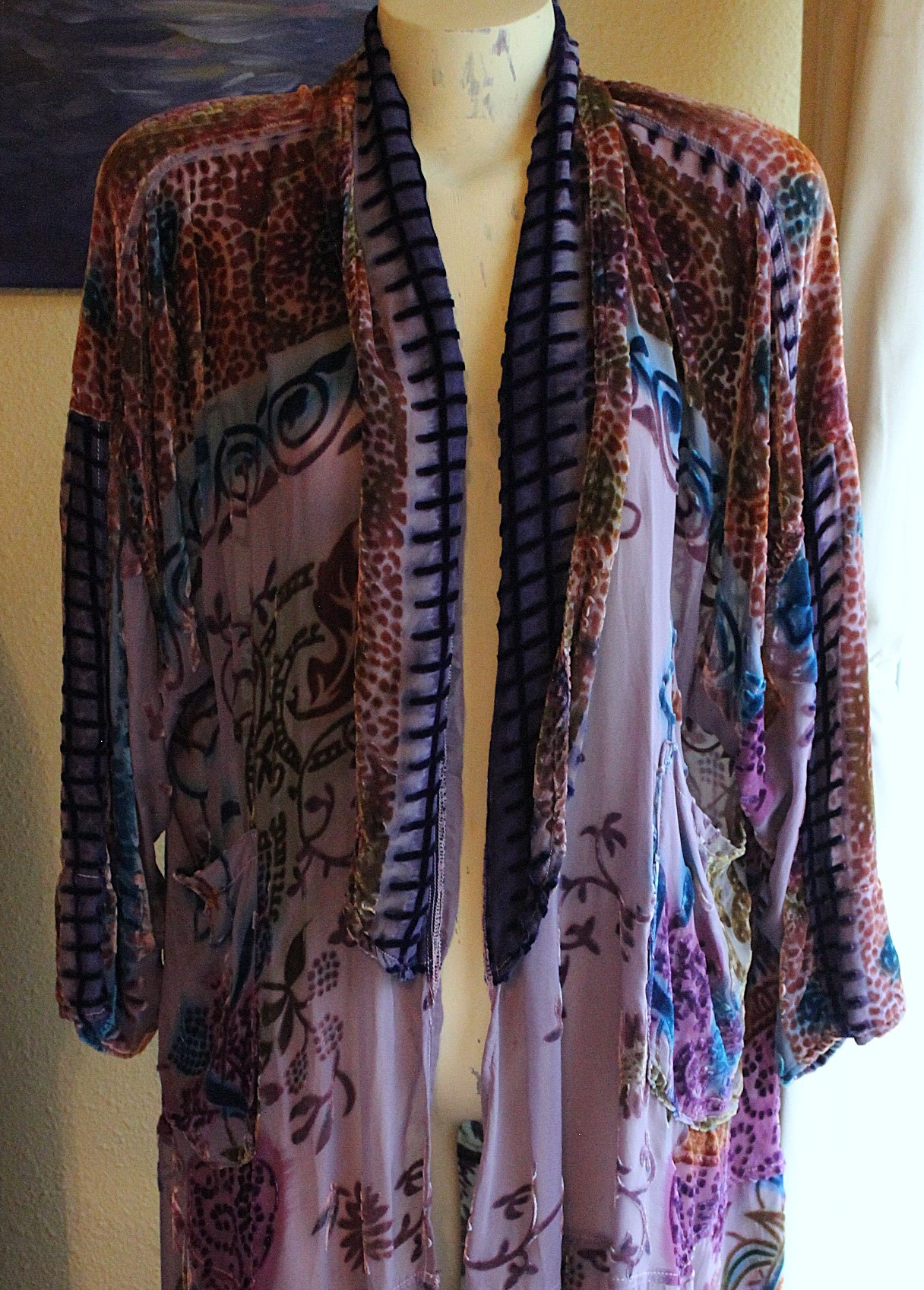 NEW! RARE Vintage Hand Dyed Silk Velvet URU Duster with Shawl Collar, Patch Pockets