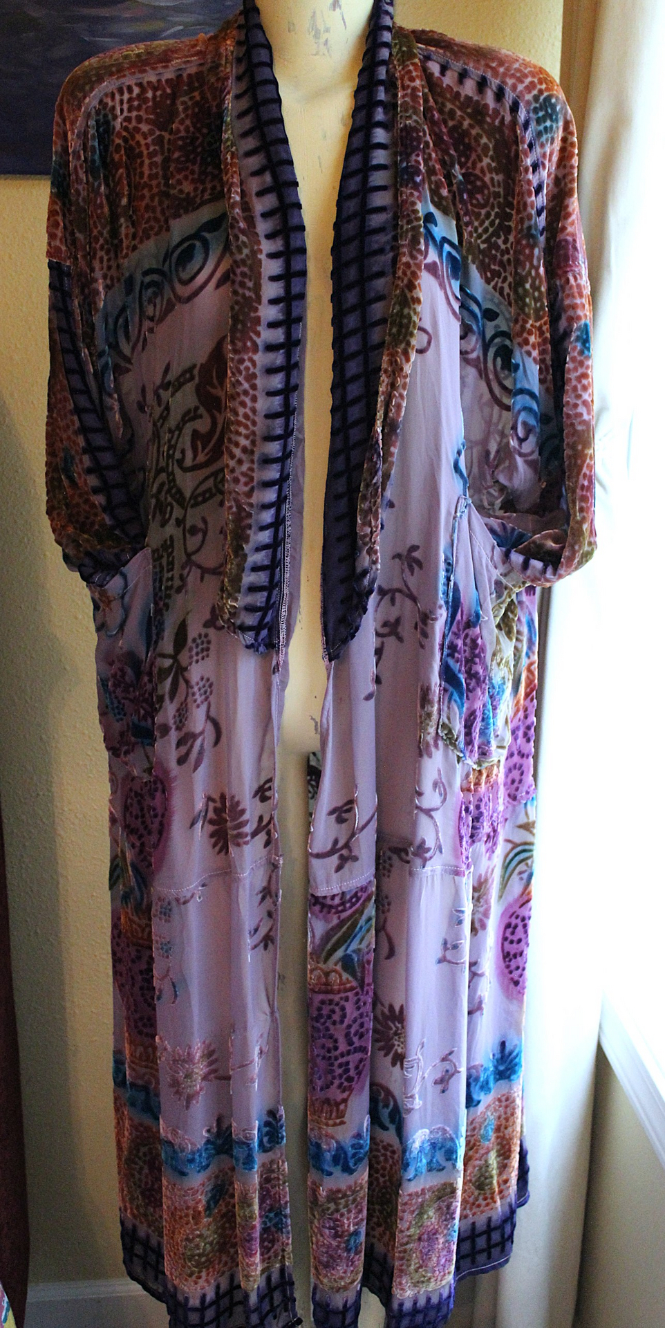 NEW! RARE Vintage Hand Dyed Silk Velvet URU Duster with Shawl Collar, Patch Pockets