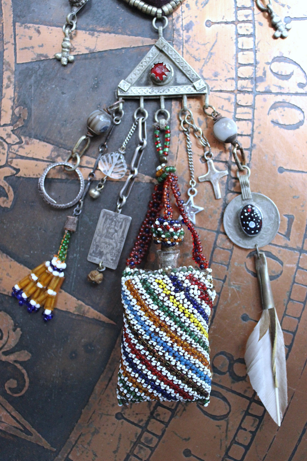 A Tale of Love Necklace with Antique Beaded Glass Vessel,Antique Sterling Snake Ring,Sterling Engraved The Chariot Tarot Card & More!