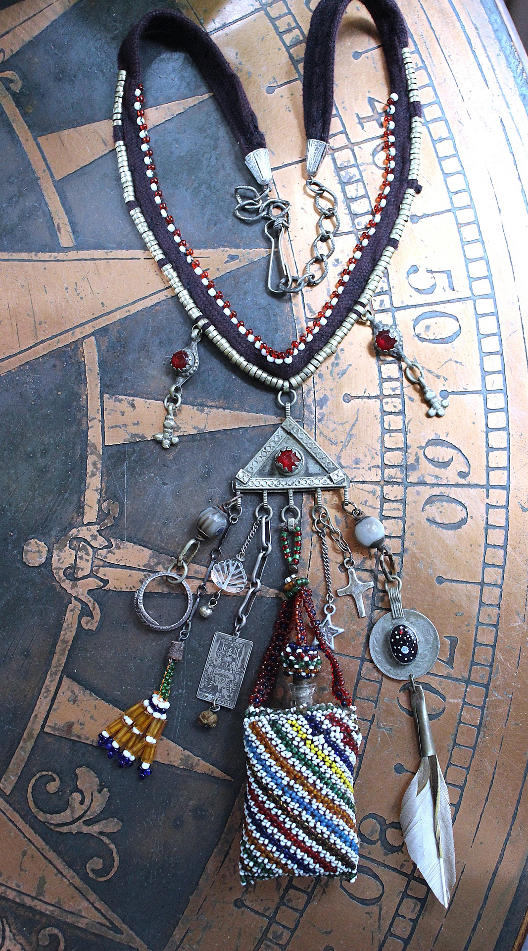 A Tale of Love Necklace with Antique Beaded Glass Vessel,Antique Sterling Snake Ring,Sterling Engraved The Chariot Tarot Card & More!