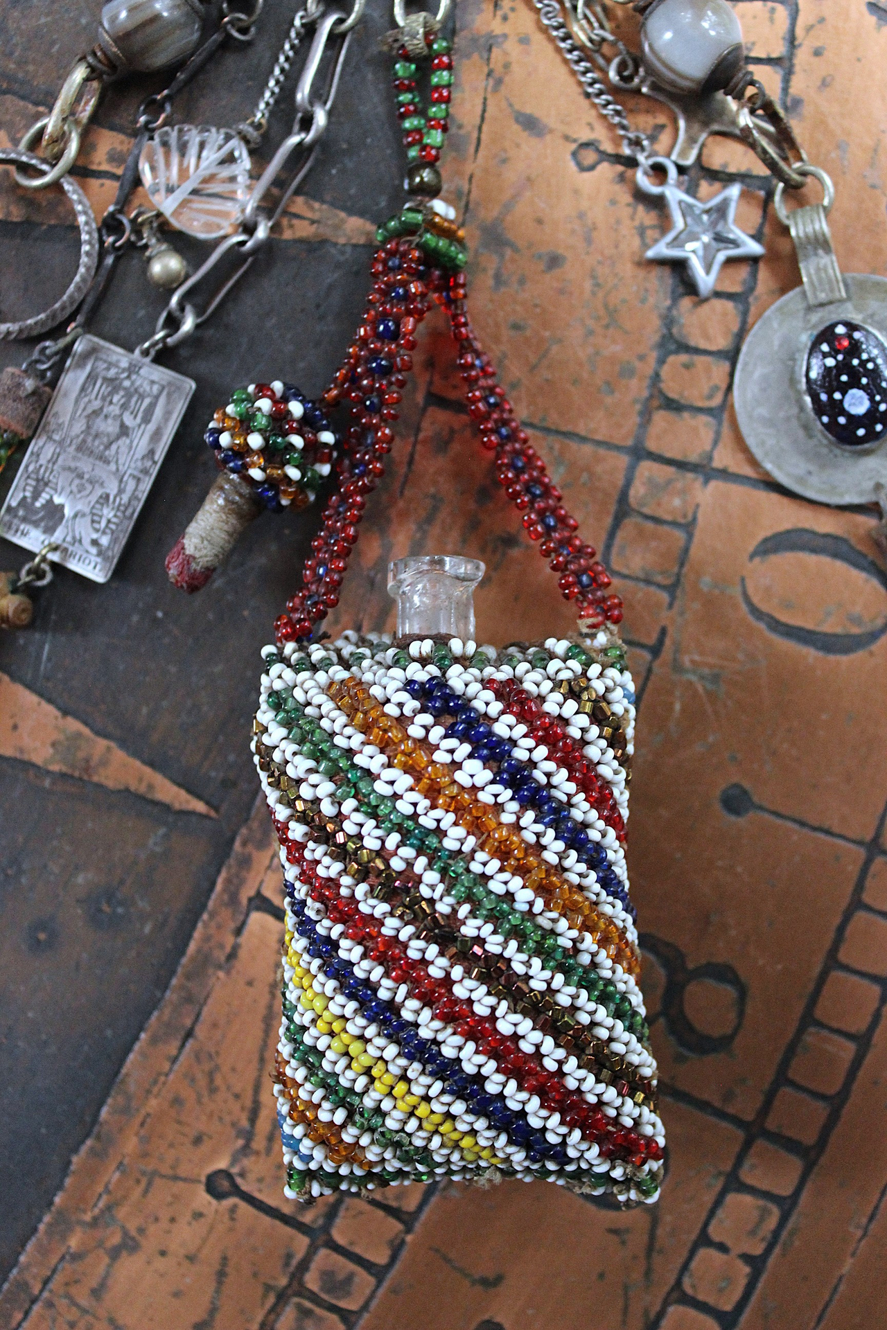 A Tale of Love Necklace with Antique Beaded Glass Vessel,Antique Sterling Snake Ring,Sterling Engraved The Chariot Tarot Card & More!