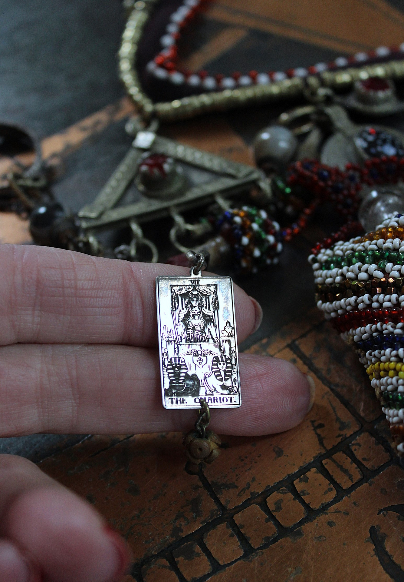 A Tale of Love Necklace with Antique Beaded Glass Vessel,Antique Sterling Snake Ring,Sterling Engraved The Chariot Tarot Card & More!