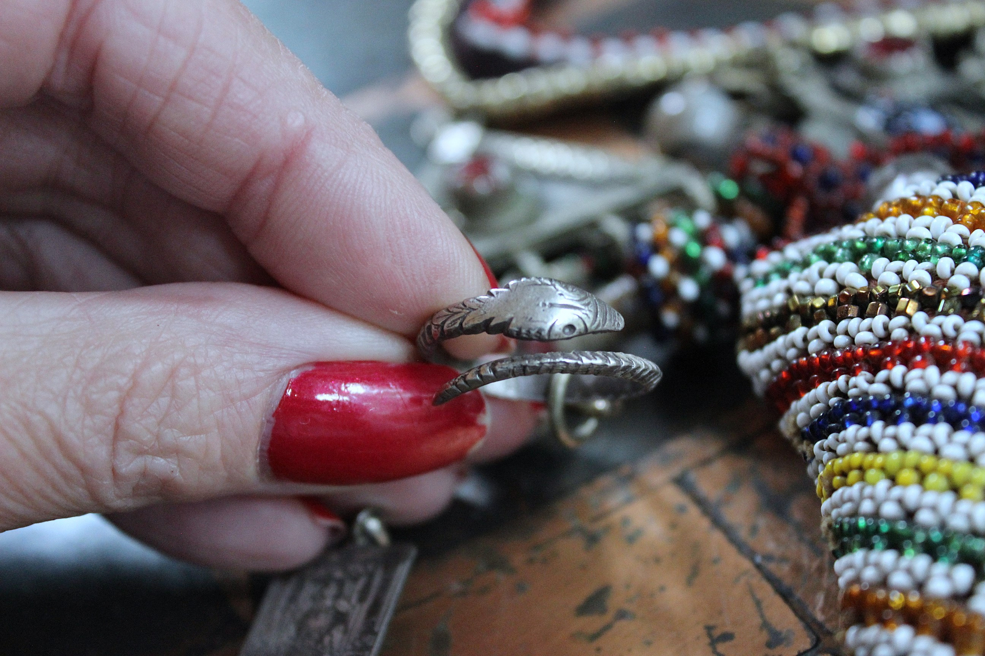 A Tale of Love Necklace with Antique Beaded Glass Vessel,Antique Sterling Snake Ring,Sterling Engraved The Chariot Tarot Card & More!