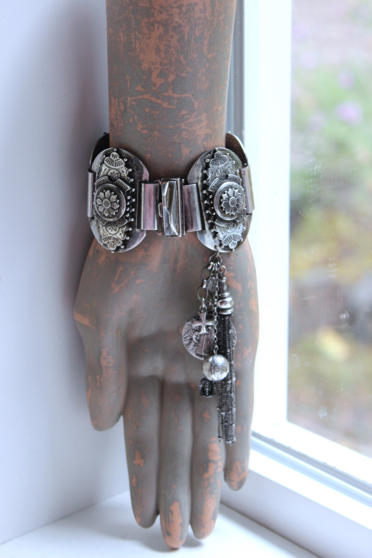 NEW! Unique Antique Silver Panel Bracelet with Rare Tiny Antique Sterling Vinaigrette, Rare Antique Sterling 800 Medal, Antique Sterling Cross & More!