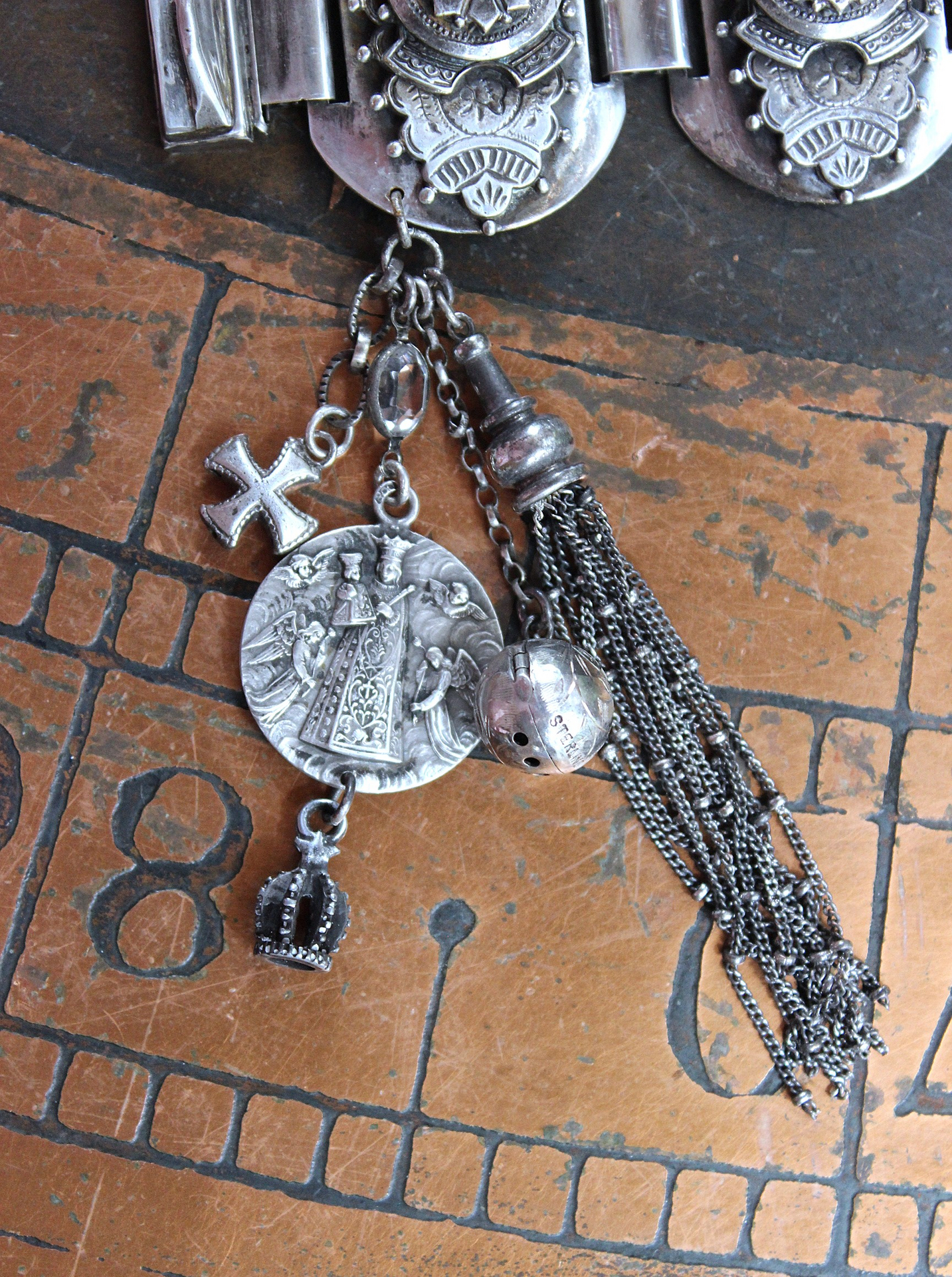 NEW! Unique Antique Silver Panel Bracelet with Rare Tiny Antique Sterling Vinaigrette, Rare Antique Sterling 800 Medal, Antique Sterling Cross & More!