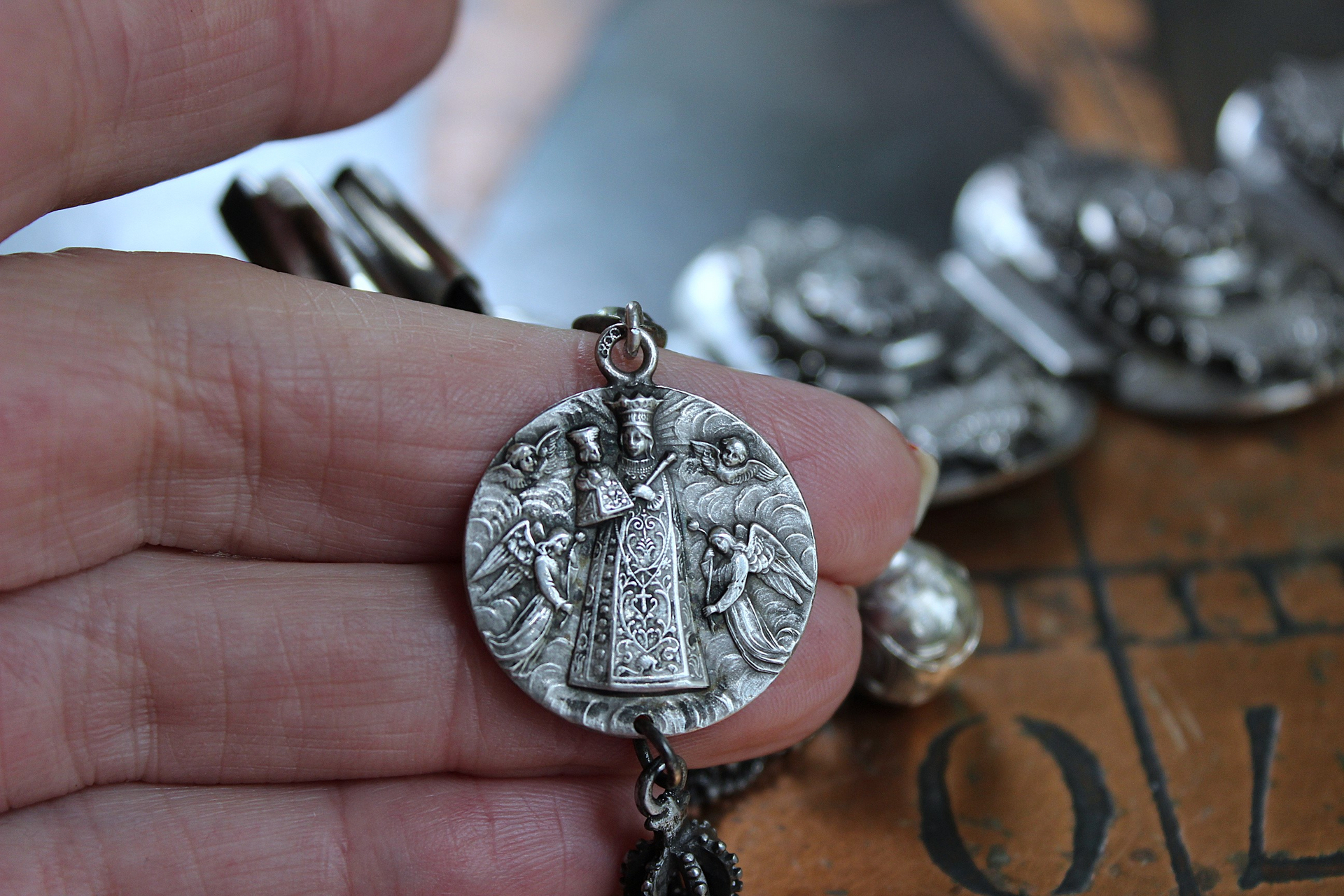 NEW! Unique Antique Silver Panel Bracelet with Rare Tiny Antique Sterling Vinaigrette, Rare Antique Sterling 800 Medal, Antique Sterling Cross & More!