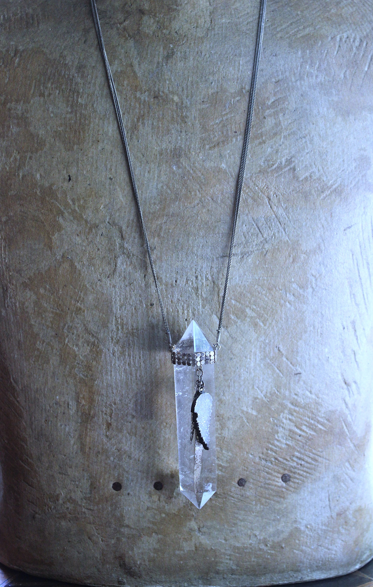 Water Clear Double Terminated Rock Quartz Point Necklace w/Antique Sterling Mesh Collar, Crystal Druzy Wing, Sterling Drops & 3 Strand Sterling Chain
