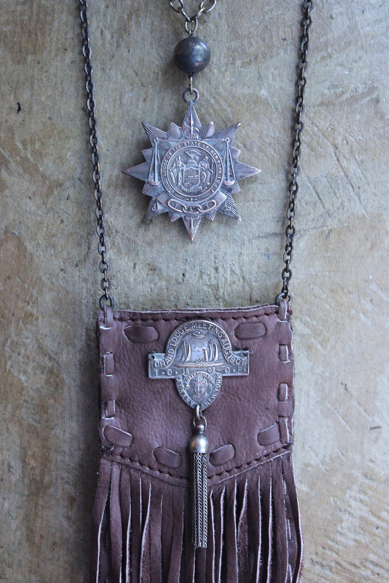 Unusual Leather Pouch Necklace with Rare 1907 IOOF Medal Set, OOAK Multi Terminated Clear Rock Quartz Crystal Point,Vintage Chain Tassel and Link Chains
