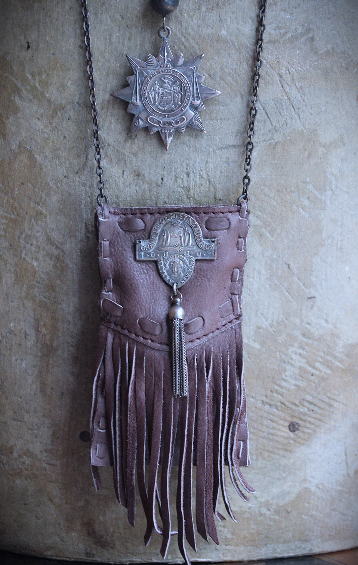 Unusual Leather Pouch Necklace with Rare 1907 IOOF Medal Set, OOAK Multi Terminated Clear Rock Quartz Crystal Point,Vintage Chain Tassel and Link Chains